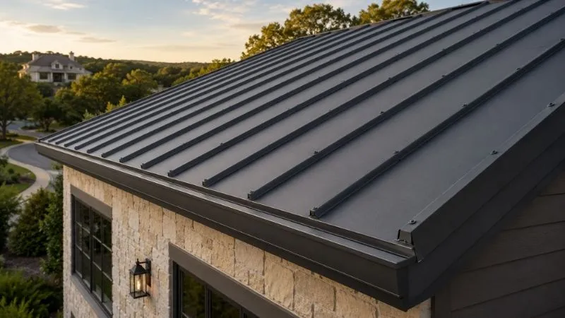 Exposed-fastener metal panel roof on a Williamson County property at sunset