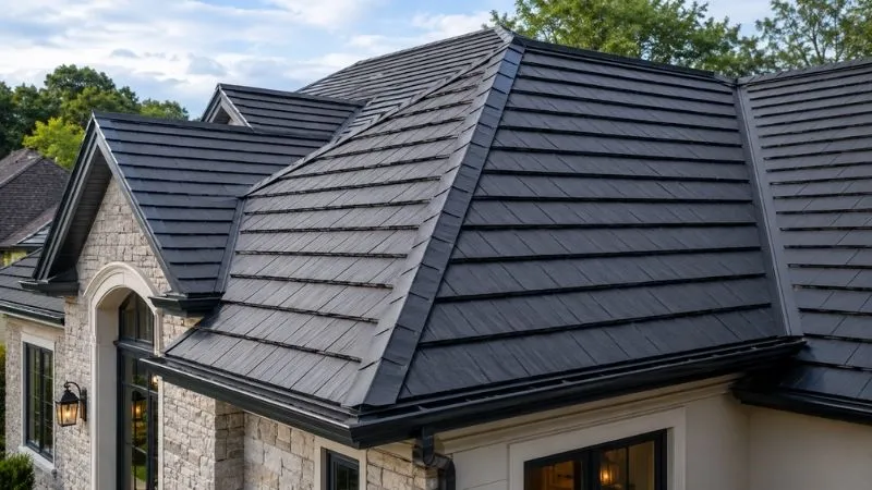 Dark metal shingle roof with a traditional shake look on a stone home