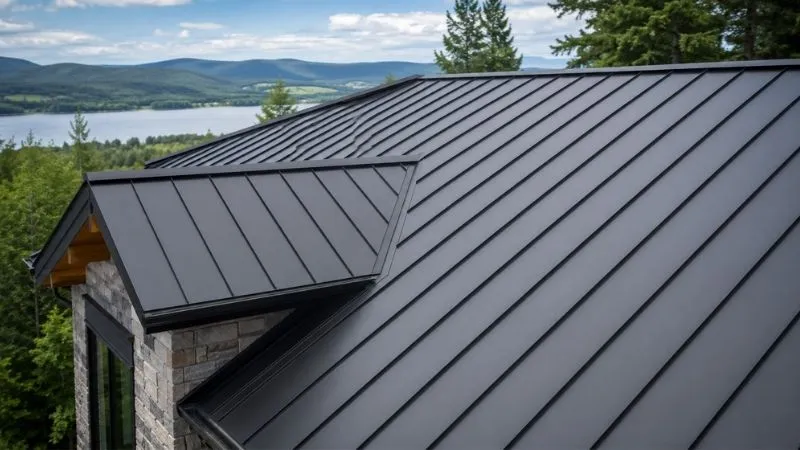 Dark standing seam metal roof with hidden fasteners on a hillside home